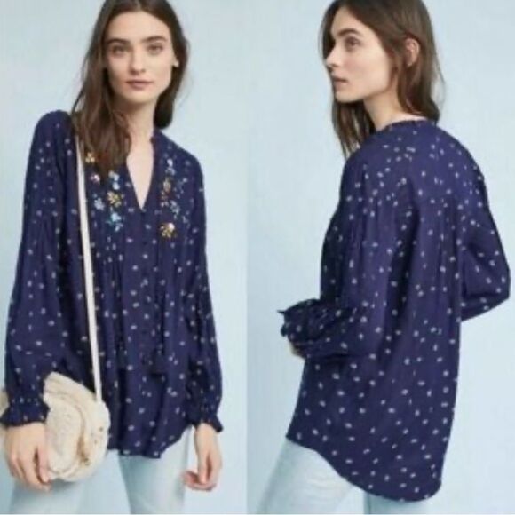 Anthropologie Vanessa Virginia Ashton navy peasant embellished jeweled blouse - Picture 2 of 9